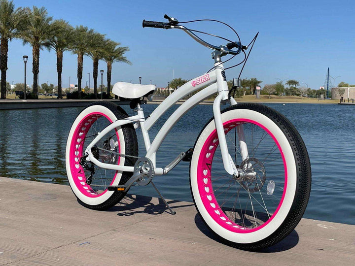 SIKK Ladies UFO 7 Speed SS Aluminum Frame White Frame Pink Heart Wheels Fat Tire Cruiser - SIKK BICYCLES