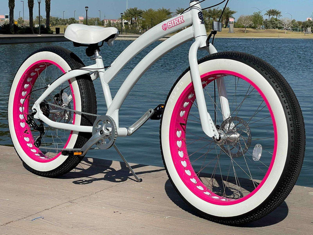 SIKK Ladies UFO 7 Speed SS Aluminum Frame White Frame Pink Heart Wheels Fat Tire Cruiser - SIKK BICYCLES