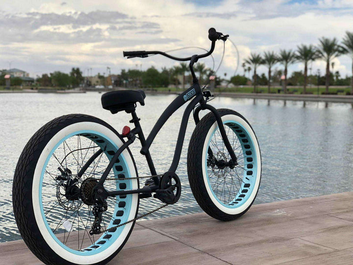 SIKK Ladies UFO Fat Tire 7 Speed Cruiser Flat Black Frame Teal Wheels Whitewall Tires - SIKK BICYCLES
