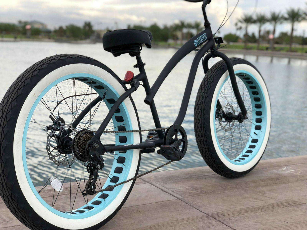 SIKK Ladies UFO Fat Tire 7 Speed Cruiser Flat Black Frame Teal Wheels Whitewall Tires - SIKK BICYCLES