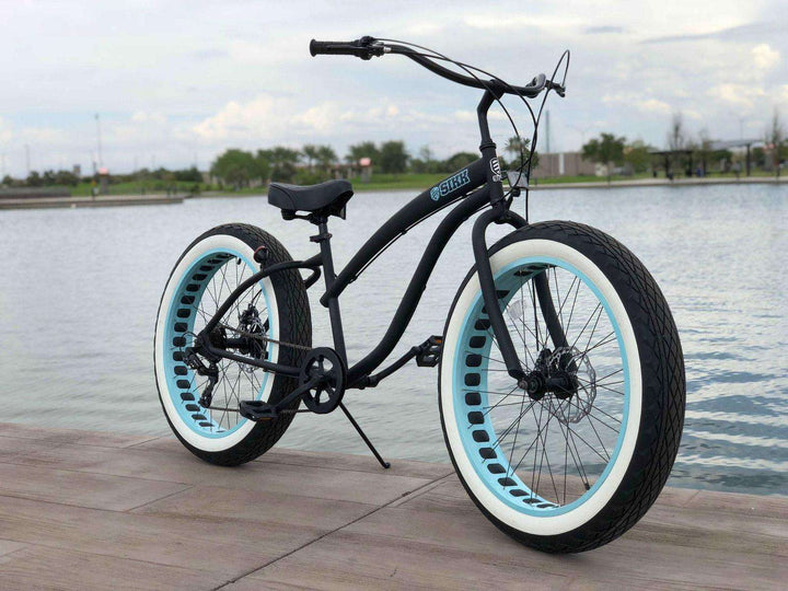 SIKK Ladies UFO Fat Tire 7 Speed Cruiser Flat Black Frame Teal Wheels Whitewall Tires - SIKK BICYCLES