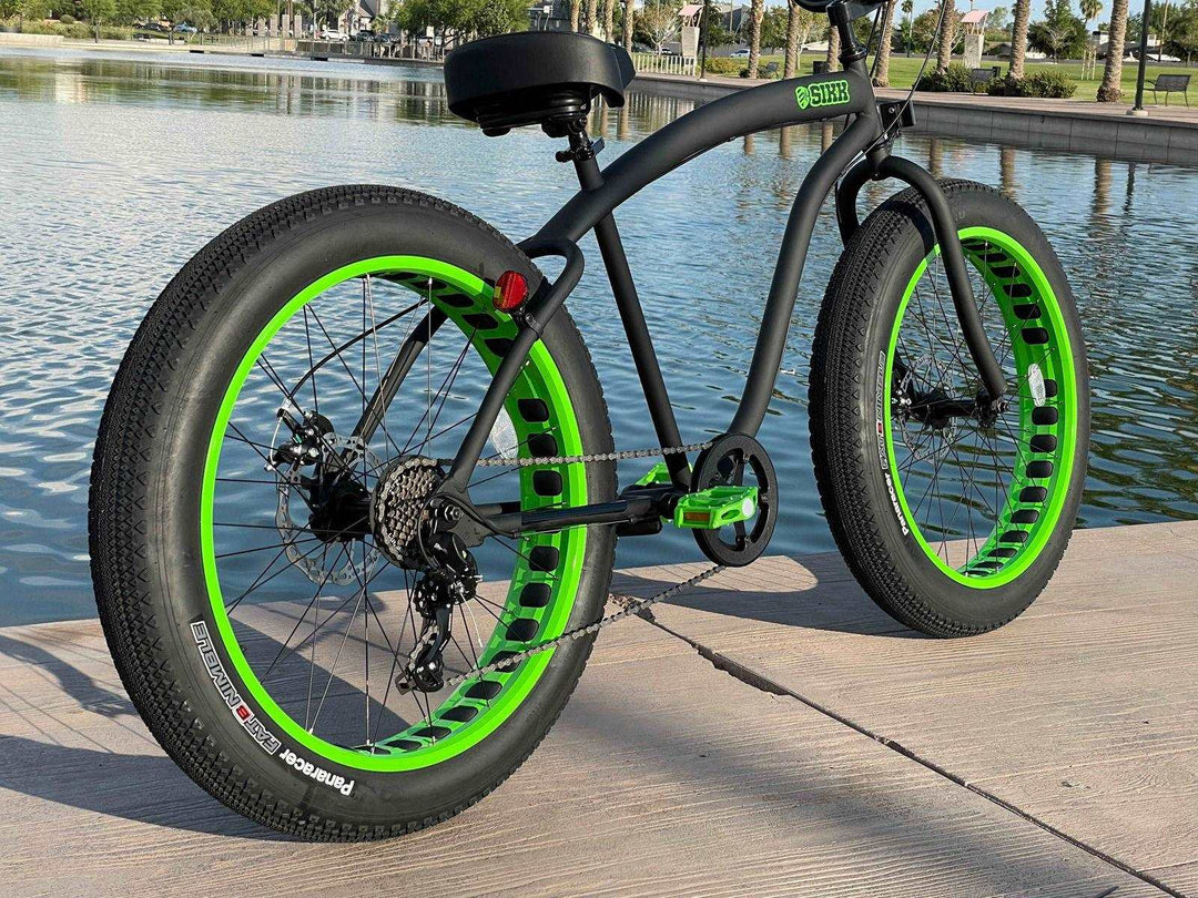 SIKK UFO Fat Tire 7 Speed Cruiser Flat Black Green Wheels Black Tires - SIKK BICYCLES