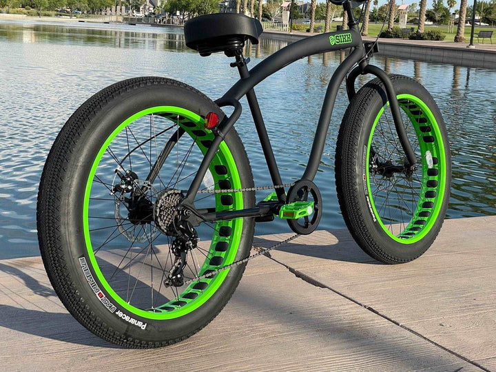 SIKK UFO Fat Tire 7 Speed Cruiser Flat Black Green Wheels Black Tires - SIKK BICYCLES