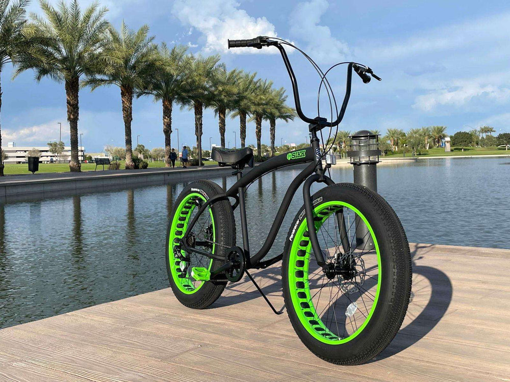 SIKK UFO Fat Tire 7 Speed Cruiser Flat Black Green Wheels Black Tires - SIKK BICYCLES