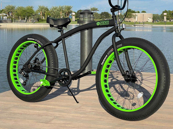 SIKK UFO Fat Tire 7 Speed Cruiser Flat Black Green Wheels Black Tires - SIKK BICYCLES