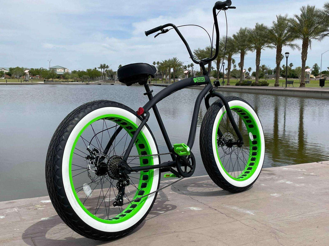 SIKK UFO Fat Tire 7 Speed Cruiser Flat Black Green Wheels Whitewall Tires - SIKK BICYCLES