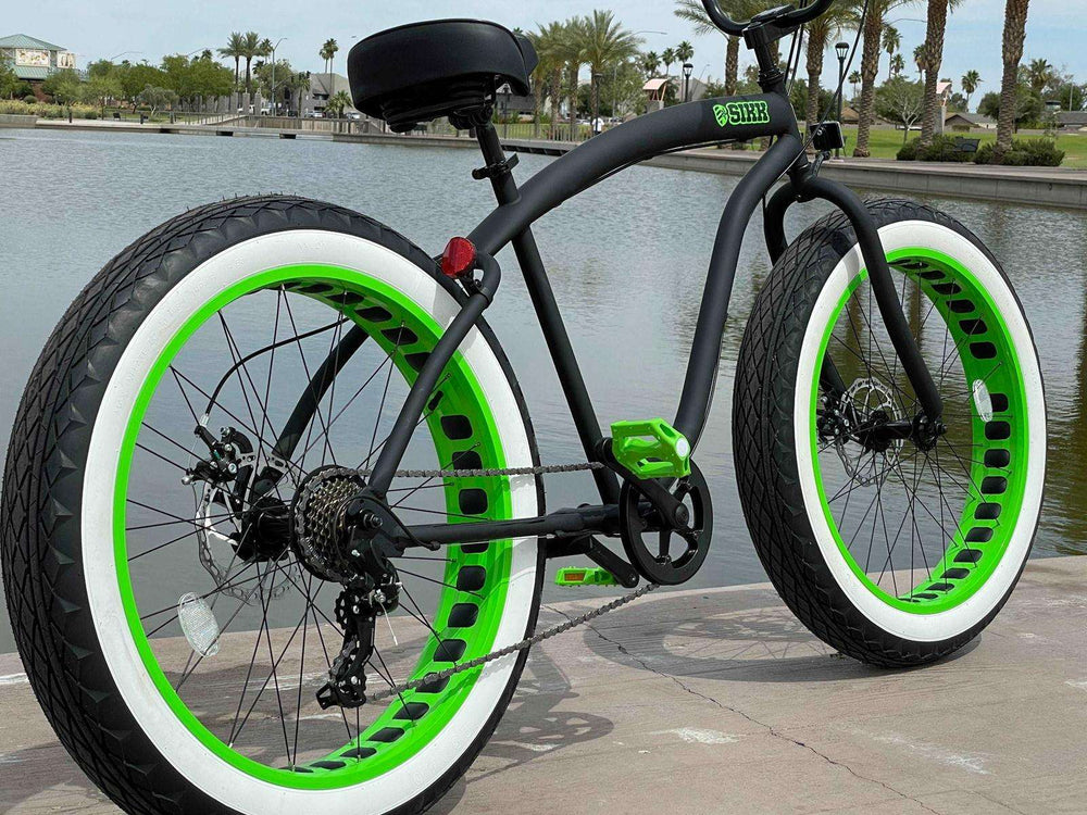 SIKK UFO Fat Tire 7 Speed Cruiser Flat Black Green Wheels Whitewall Tires - SIKK BICYCLES