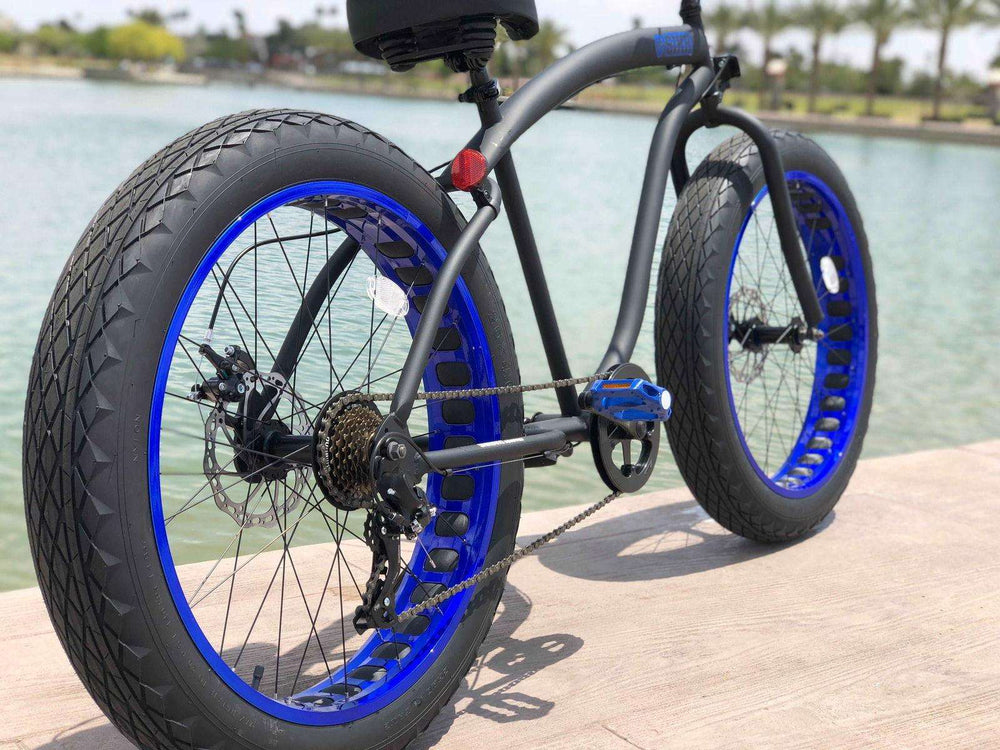 SIKK UFO Fat Tire 7 Speed Flat Black Frame Blue Wheels Black Tires - SIKK BICYCLES