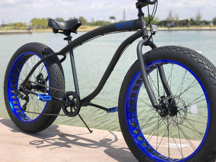 SIKK UFO Fat Tire 7 Speed Flat Black Frame Blue Wheels Black Tires - SIKK BICYCLES