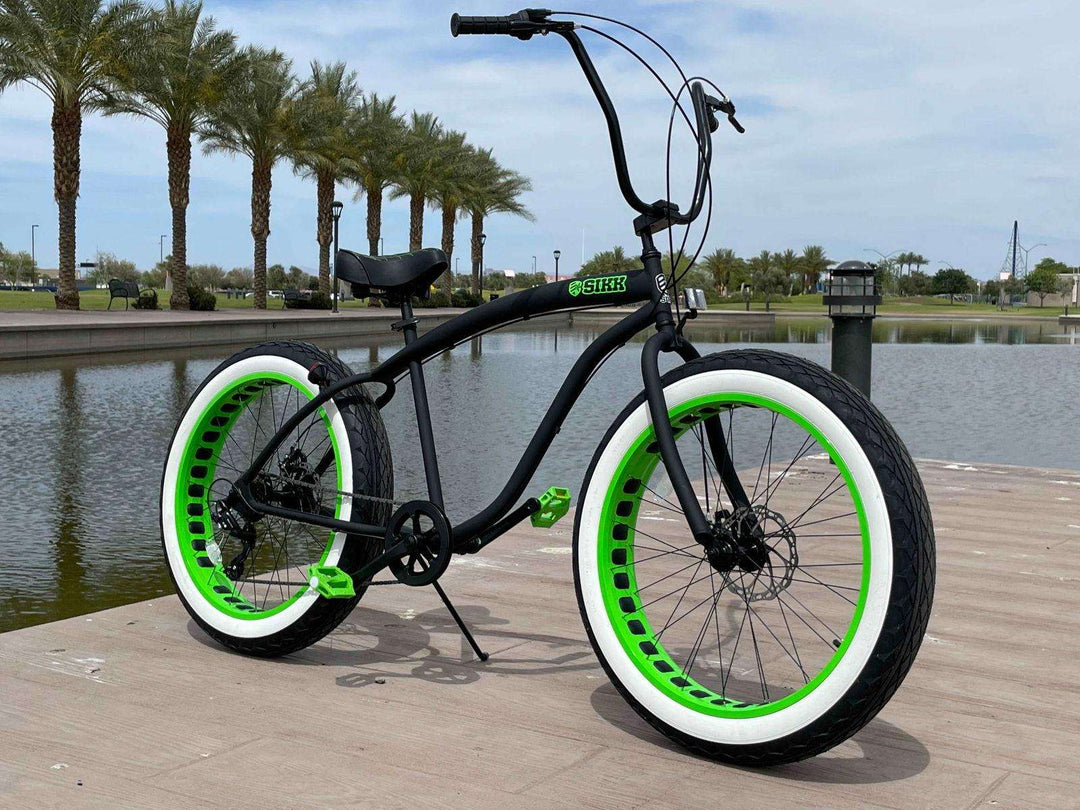 SIKK UFO Fat Tire 7 Speed Flat Black Frame Green Wheels Whitewall Tires - SIKK BICYCLES