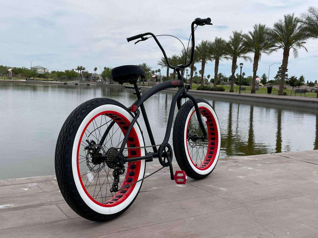 SIKK UFO Fat Tire 7 Speed Flat Black w Red Whitewall TIres - SIKK BICYCLES