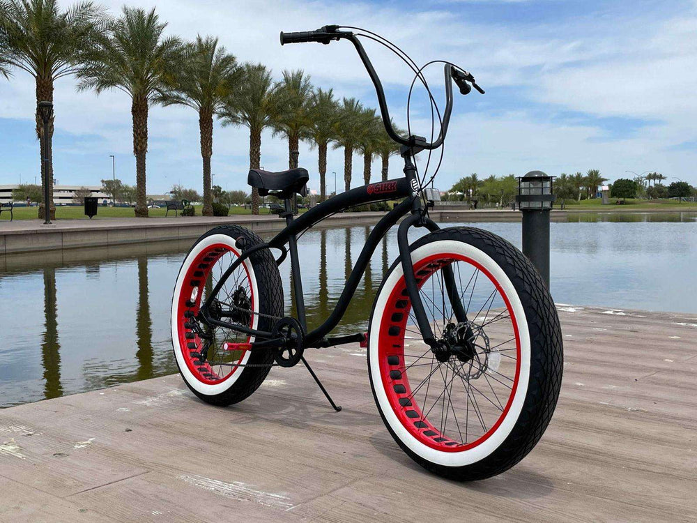 SIKK UFO Fat Tire 7 Speed Flat Black w Red Whitewall TIres - SIKK BICYCLES