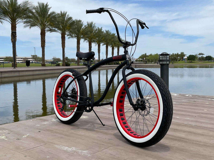 SIKK UFO Fat Tire 7 Speed Flat Black w Red Whitewall TIres - SIKK BICYCLES
