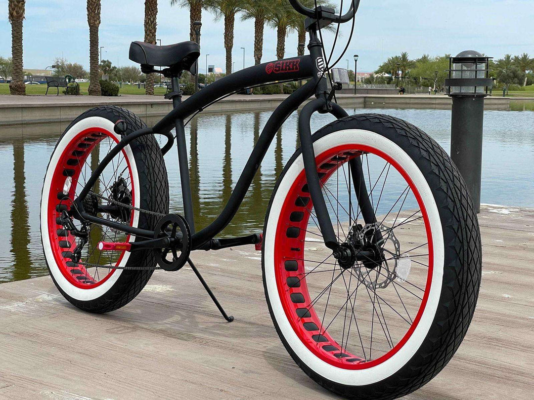SIKK UFO Fat Tire 7 Speed Flat Black w Red Whitewall TIres - SIKK BICYCLES
