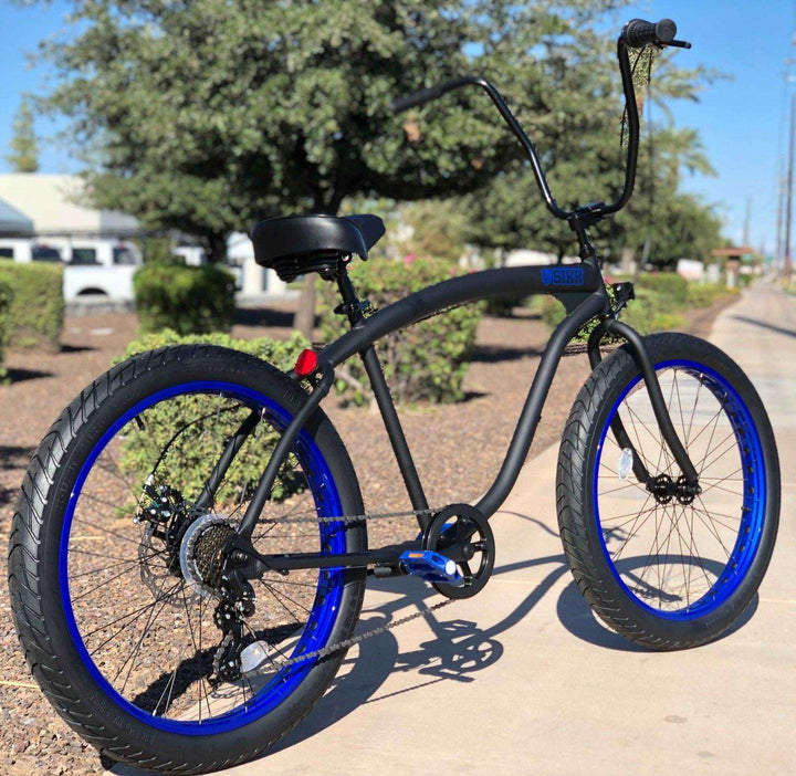SIKK Wide Ride 7 Speed - Flat Black Frame Blue Wheels Black Tires - SIKK BICYCLES