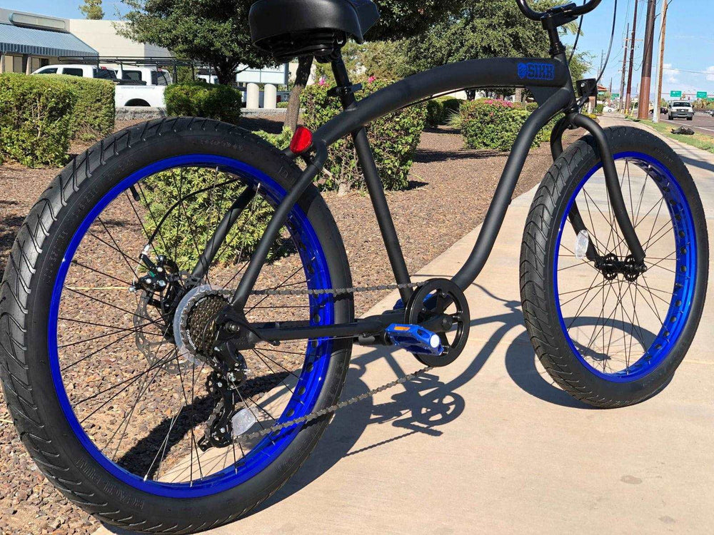 SIKK Wide Ride 7 Speed - Flat Black Frame Blue Wheels Black Tires - SIKK BICYCLES