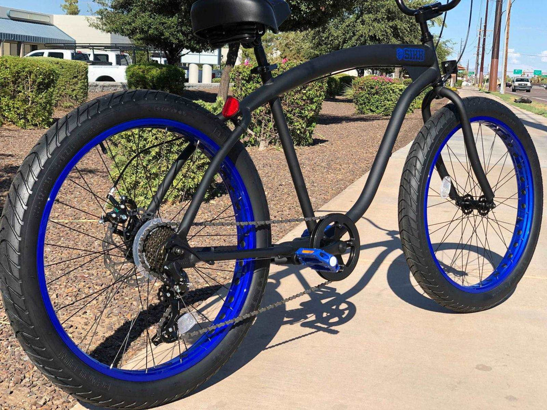 SIKK Wide Ride 7 Speed - Flat Black Frame Blue Wheels Black Tires - SIKK BICYCLES