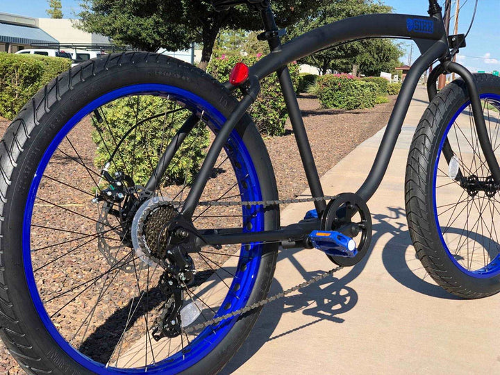 SIKK Wide Ride 7 Speed - Flat Black Frame Blue Wheels Black Tires - SIKK BICYCLES