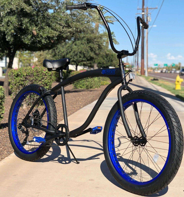 SIKK Wide Ride 7 Speed - Flat Black Frame Blue Wheels Black Tires - SIKK BICYCLES