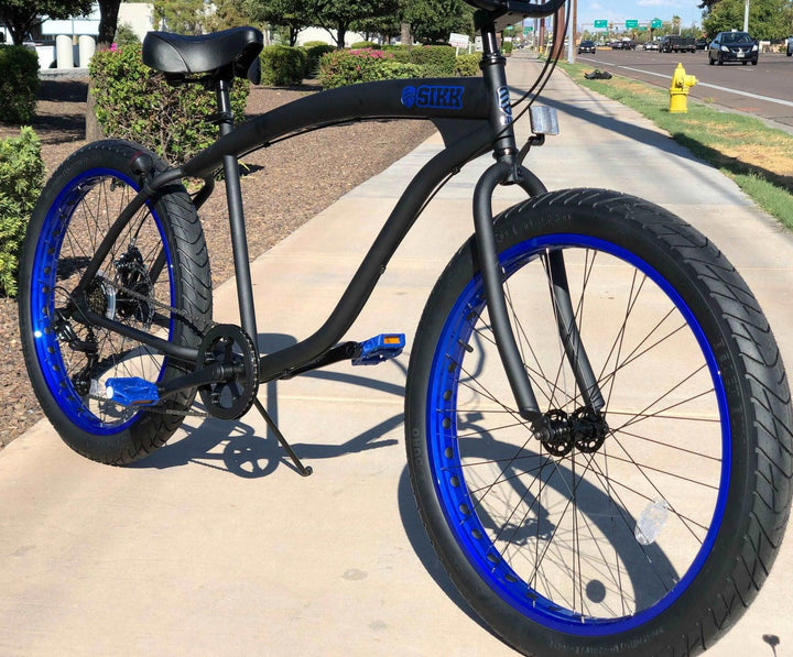 SIKK Wide Ride 7 Speed - Flat Black Frame Blue Wheels Black Tires - SIKK BICYCLES