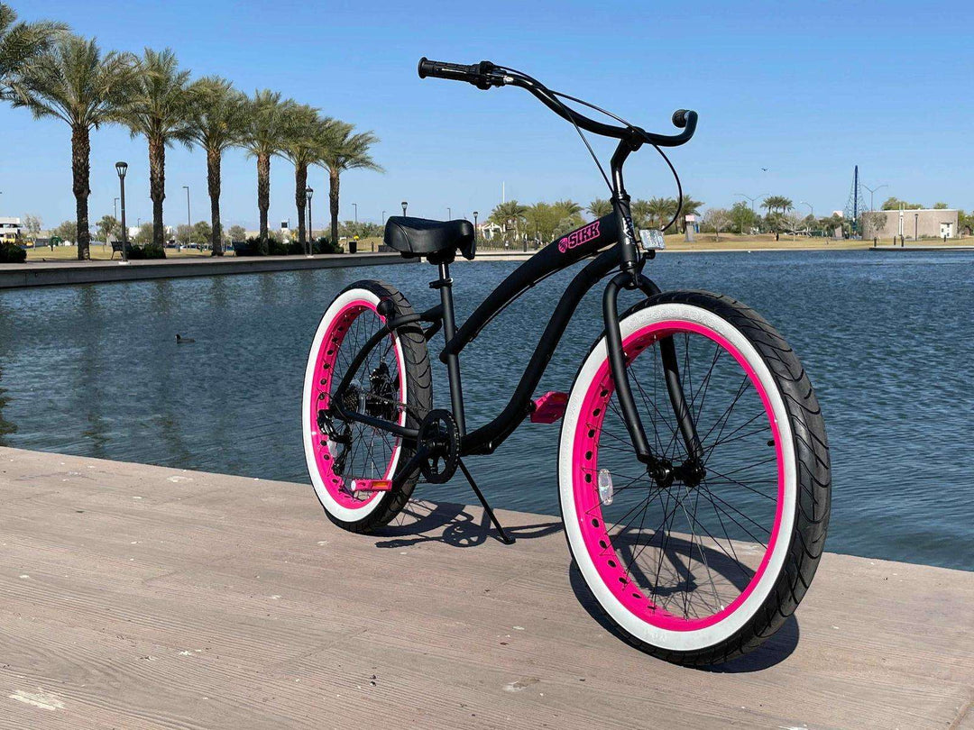 SIKK Wide Ride 7 Speed Ladies - Flat Black Frame Pink Wheels Whitewall Tires - SIKK BICYCLES