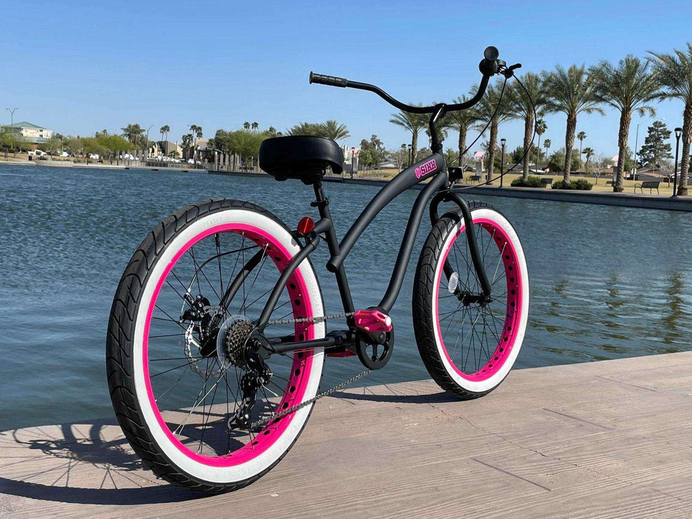 SIKK Wide Ride 7 Speed Ladies - Flat Black Frame Pink Wheels Whitewall Tires - SIKK BICYCLES