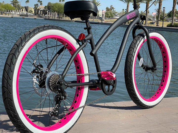 SIKK Wide Ride 7 Speed Ladies - Flat Black Frame Pink Wheels Whitewall Tires - SIKK BICYCLES