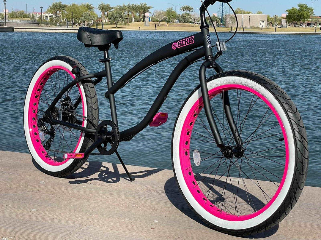 SIKK Wide Ride 7 Speed Ladies - Flat Black Frame Pink Wheels Whitewall Tires - SIKK BICYCLES