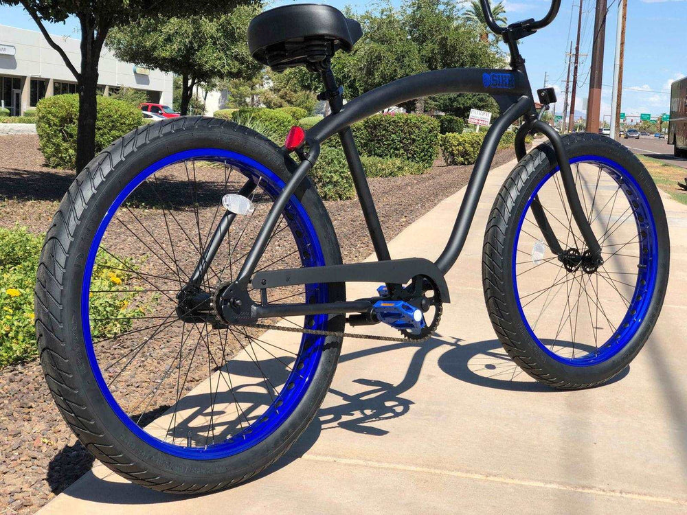 SIKK Wide Ride Flat Black Frame Blue Wheels Black Tires Single Speed - SIKK BICYCLES