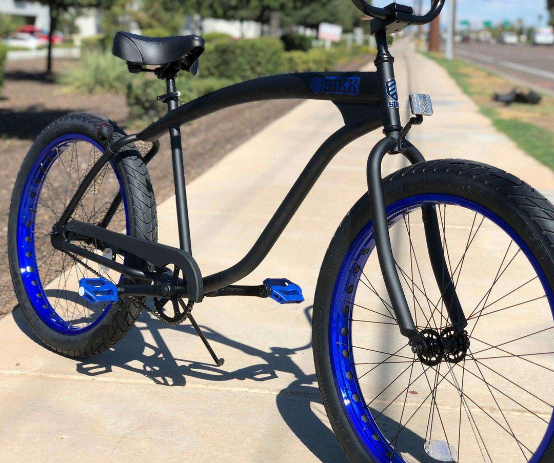 SIKK Wide Ride Flat Black Frame Blue Wheels Black Tires Single Speed - SIKK BICYCLES