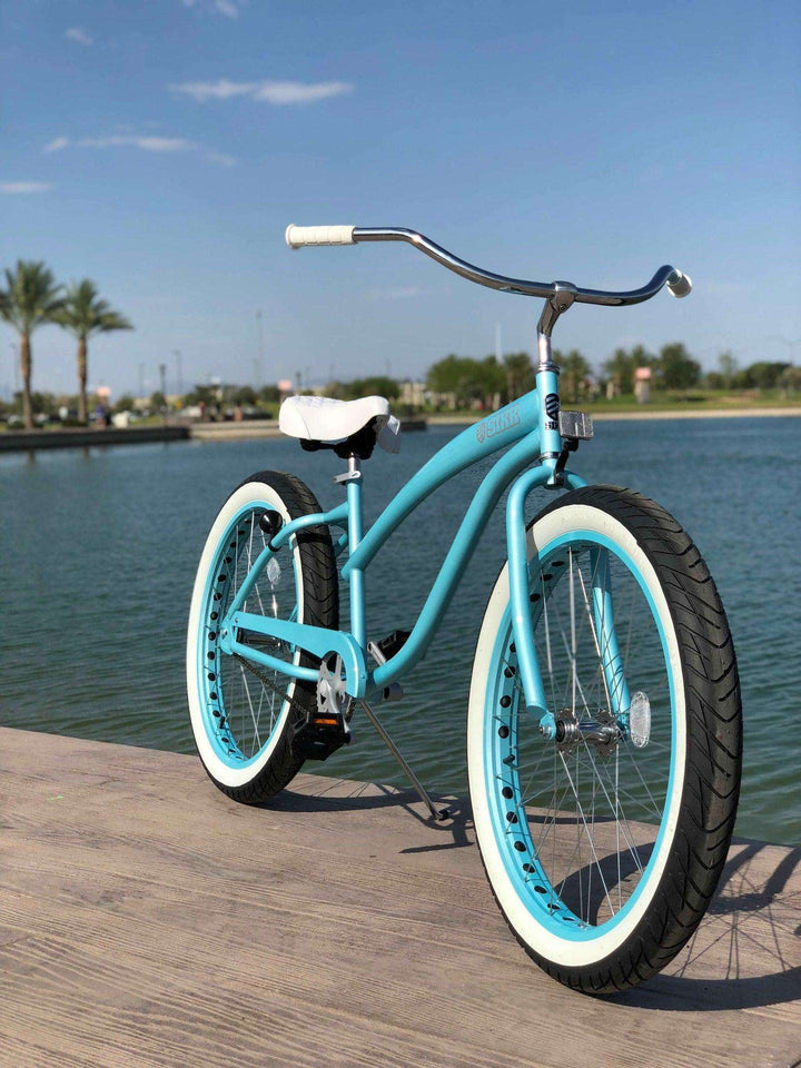 SIKK Wide Ride Ladies - Teal Frame Teal Wheels Whitewall Tires - Single Speed - SIKK BICYCLES