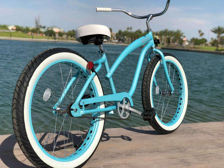 SIKK Wide Ride Ladies - Teal Frame Teal Wheels Whitewall Tires - Single Speed - SIKK BICYCLES