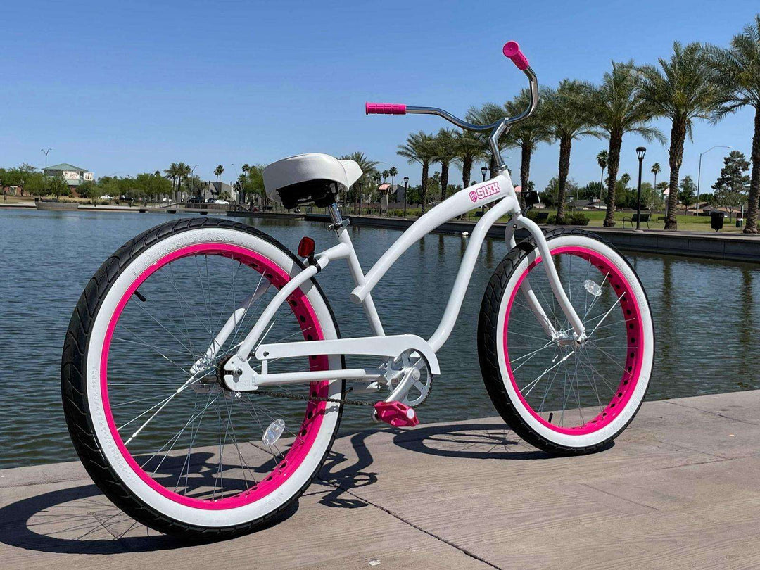 SIKK Wide Ride Ladies - White Frame Pink Wheels Whitewall Tires - Single Speed - SIKK BICYCLES