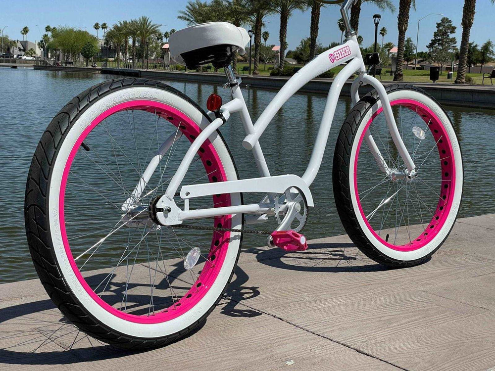 SIKK Wide Ride Ladies - White Frame Pink Wheels Whitewall Tires - Single Speed - SIKK BICYCLES