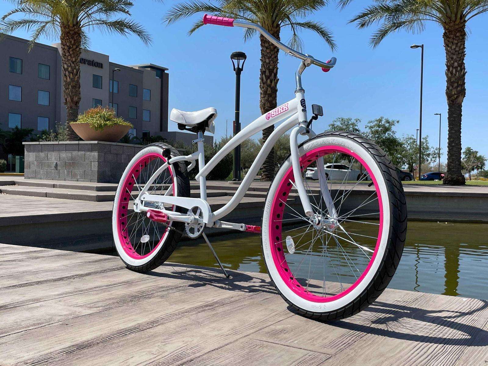 SIKK Wide Ride Ladies White Frame Pink Wheels Whitewall Tires Sing SIKK BICYCLES