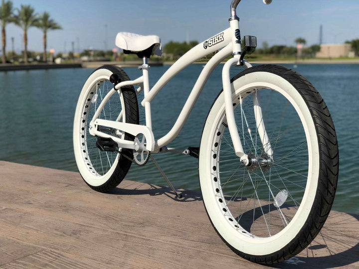 SIKK Wide Ride Ladies - White Frame White Wheels Whitewall Tires - Single Speed - SIKK BICYCLES