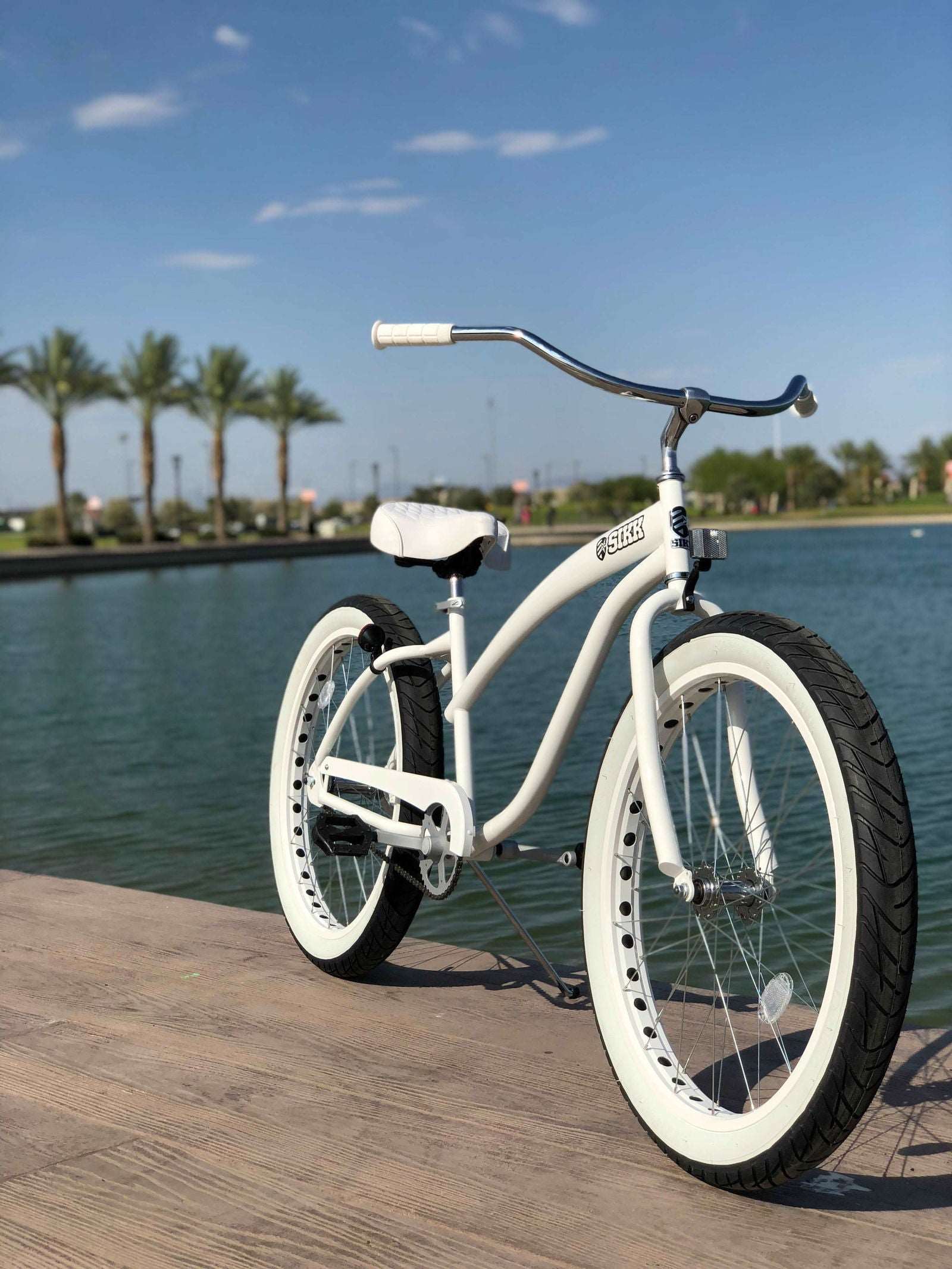 SIKK Wide Ride Ladies White Frame White Wheels Whitewall Tires Sin SIKK BICYCLES
