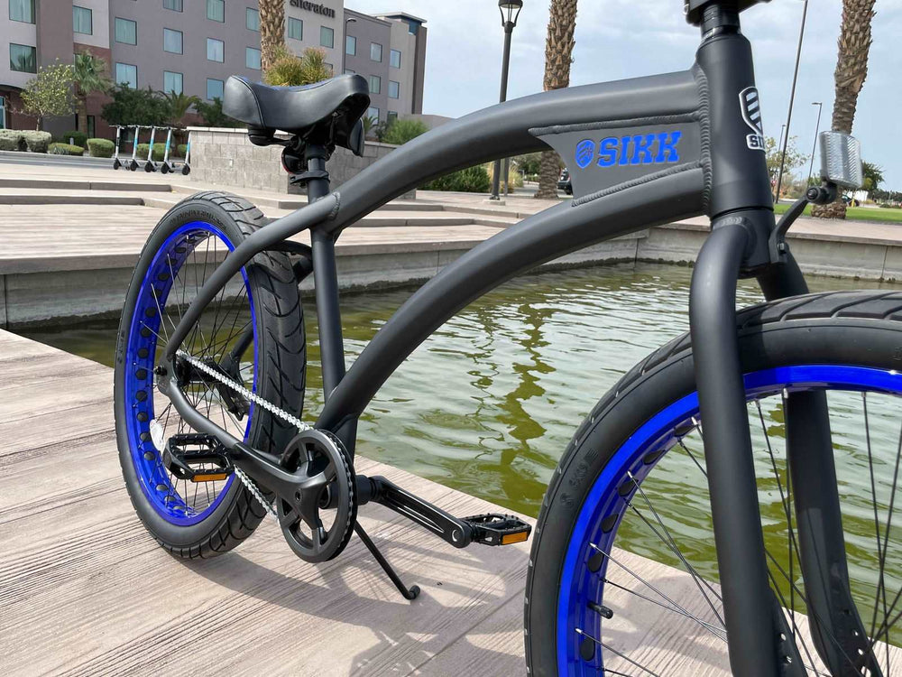 SIKK Wide Ride SS Aluminum Frame Single Speed Flat Black Frame Blue Wheels - SIKK BICYCLES