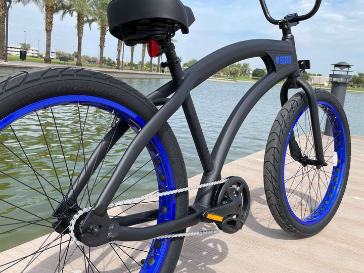 SIKK Wide Ride SS Aluminum Frame Single Speed Flat Black Frame Blue Wheels - SIKK BICYCLES