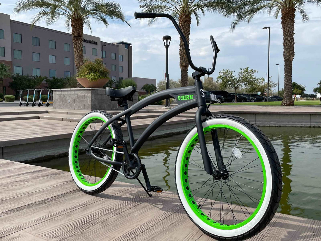 SIKK Wide Ride SS Aluminum Frame Single Speed Flat Black Frame Green Wheels Whitewall Tires - SIKK BICYCLES