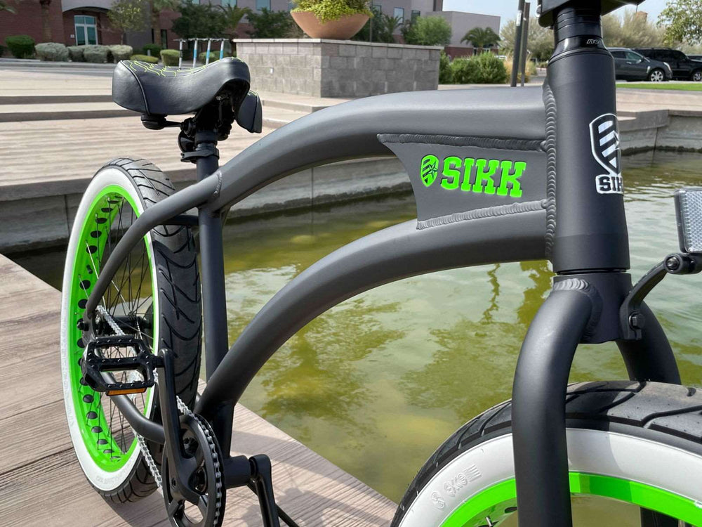 SIKK Wide Ride SS Aluminum Frame Single Speed Flat Black Frame Green Wheels Whitewall Tires - SIKK BICYCLES