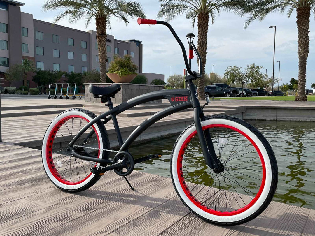 SIKK Wide Ride SS Aluminum Frame Single Speed Flat Black Frame Red Wheels Whitewall Tires - SIKK BICYCLES