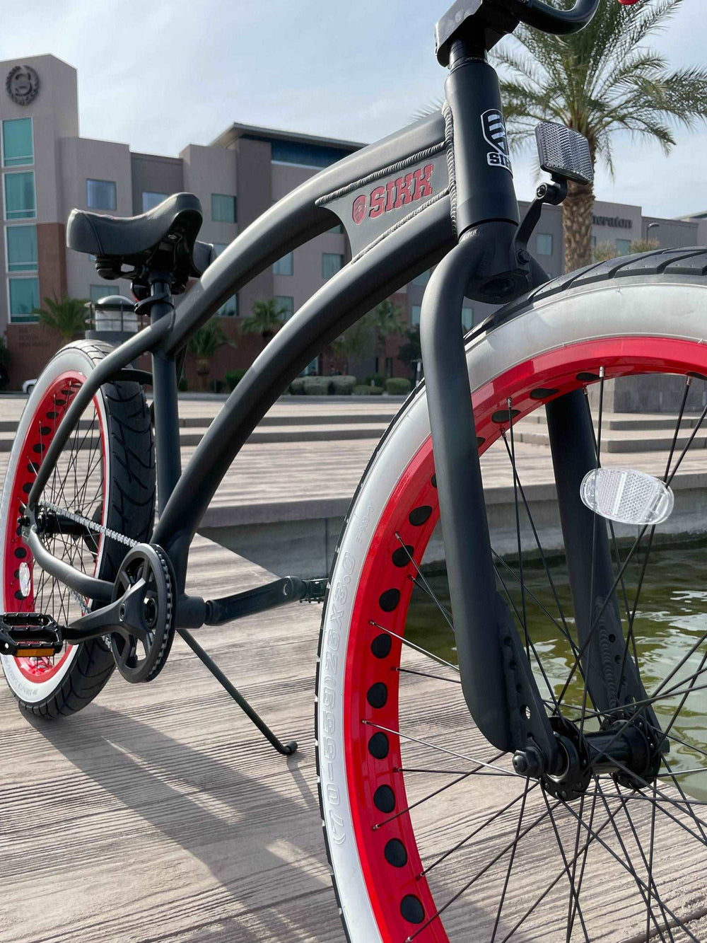 SIKK Wide Ride SS Aluminum Frame Single Speed Flat Black Frame Red Wheels Whitewall Tires - SIKK BICYCLES
