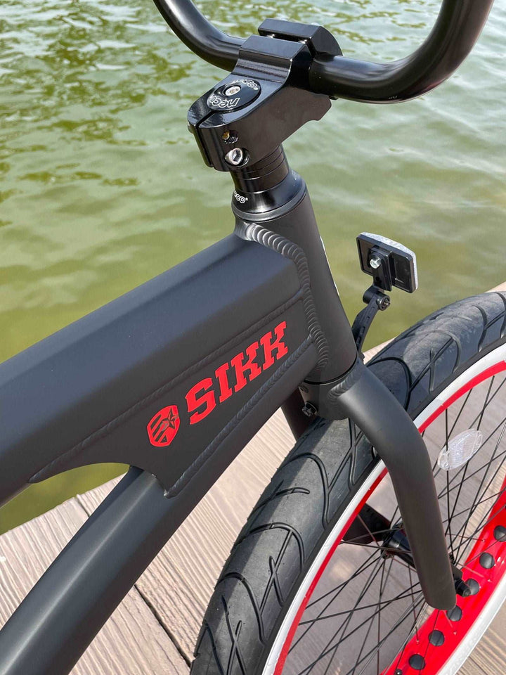 SIKK Wide Ride SS Aluminum Frame Single Speed Flat Black Frame Red Wheels Whitewall Tires - SIKK BICYCLES