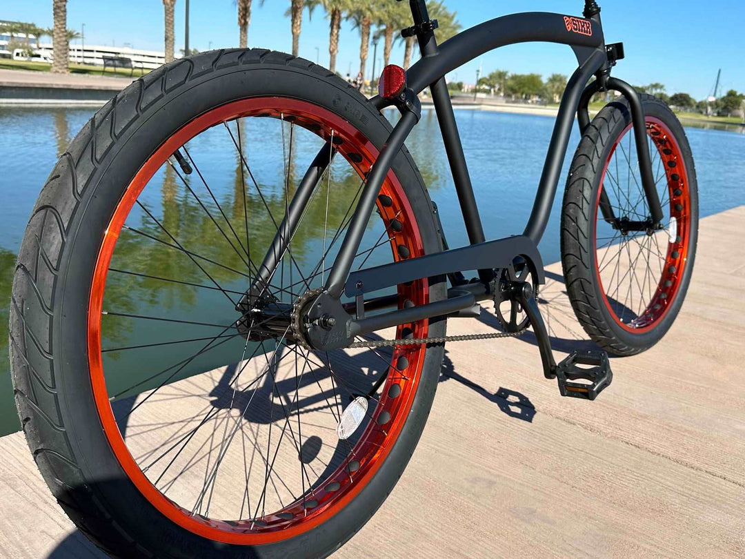 SIKK Wide Ride Single Speed 3in Tire Cruiser Flat Black Frame Copper Wheels - SIKK BICYCLES