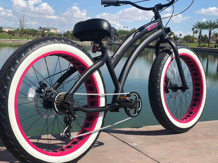 Sikk Ladies UFO SS Aluminum Frame Flat Black- Pink 7 Speed UFO Fat Tire Cruiser - SIKK BICYCLES