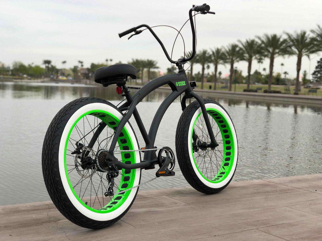 Sikk SS Aluminum 7 Speed UFO Fat Tire Cruiser - Flat Black Frame Green Wheels Whitewall Tires - SIKK BICYCLES