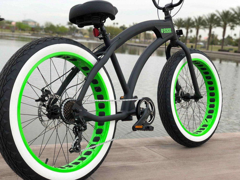 Sikk SS Aluminum 7 Speed UFO Fat Tire Cruiser - Flat Black Frame Green Wheels Whitewall Tires - SIKK BICYCLES