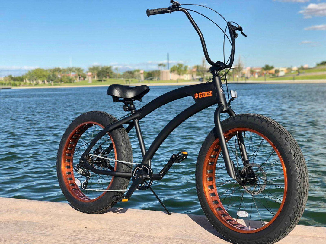 Sikk SS Aluminum Frame Flat Black- Copper Wheels 7 Speed UFO Fat Tire Cruiser - SIKK BICYCLES