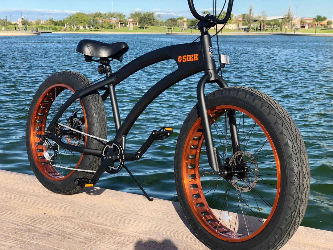 Sikk SS Aluminum Frame Flat Black- Copper Wheels 7 Speed UFO Fat Tire Cruiser - SIKK BICYCLES